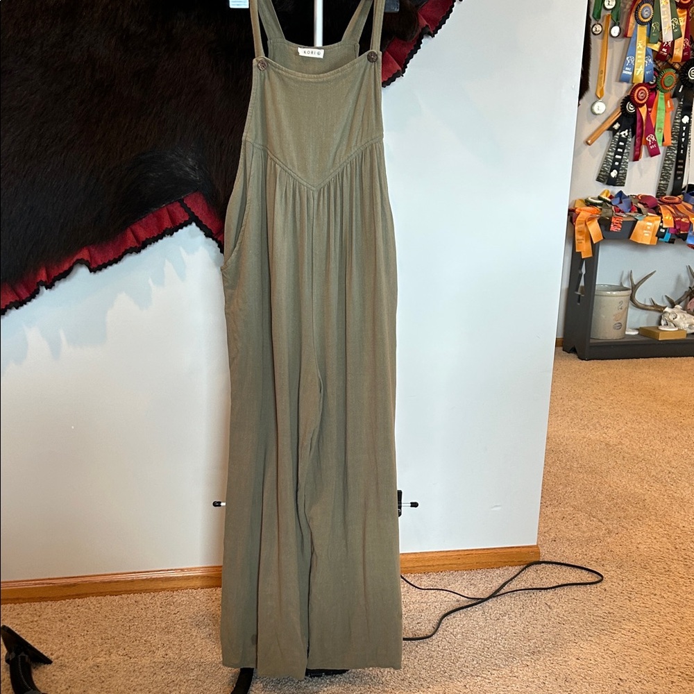 Olive Green Wide Leg Overalls Linen Blend Jumpsuit